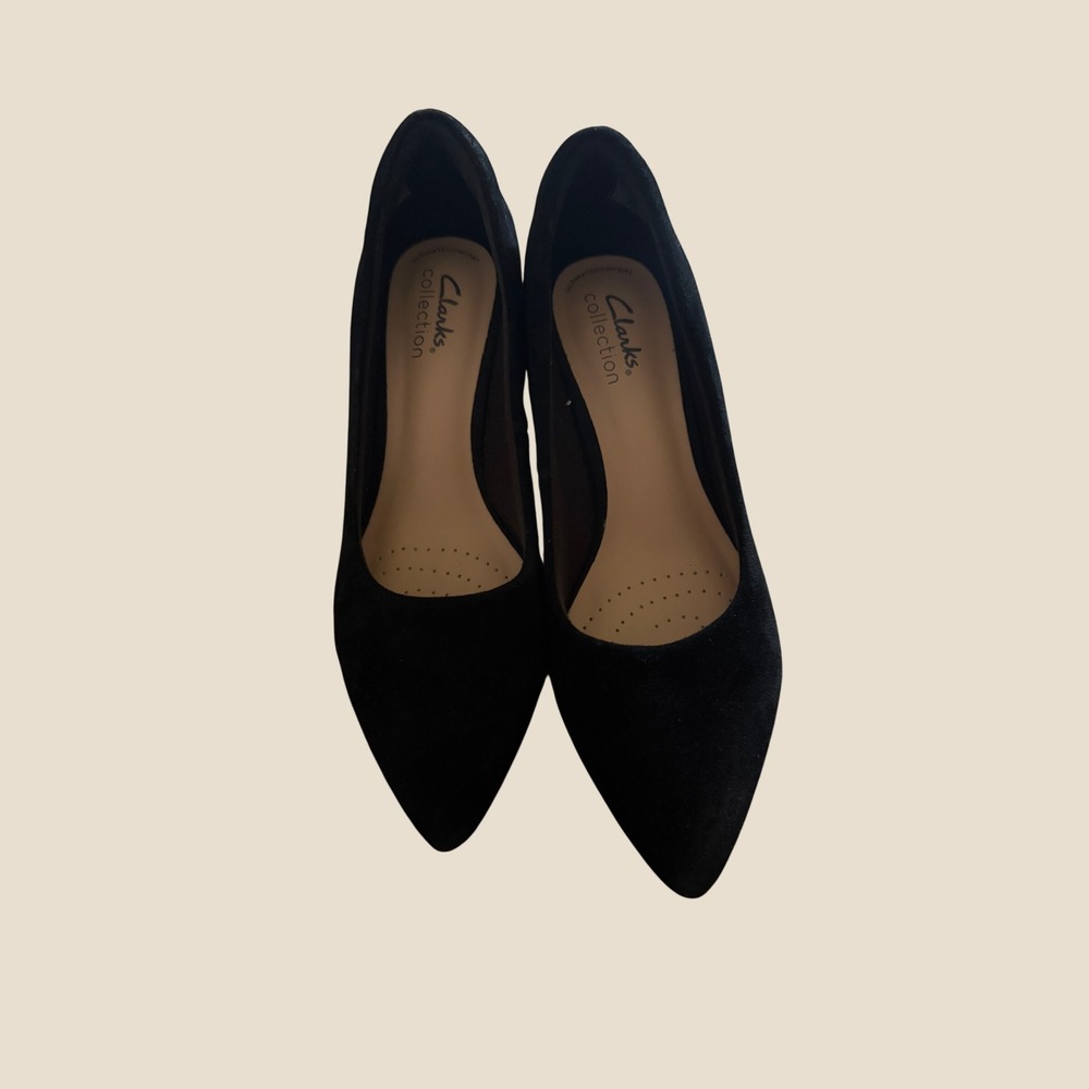 Clarks Collection Black Suede Pointed Toe Block Heel Pumps Witchy 6M